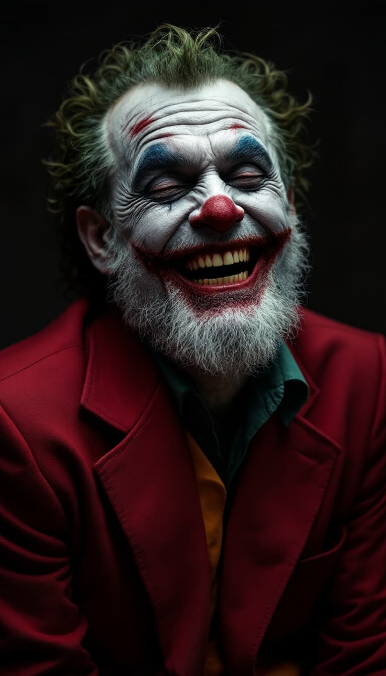 AI generated: <lora:JoaquinPhoenixDoguXLuse@1.24:1> jqwx man, (55 y.o), (dressed as the joker), red jacket, wrinkl...