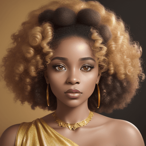 AI generated: a woman in a gold dress with a white background, an African American woman, with makeup and accessor...