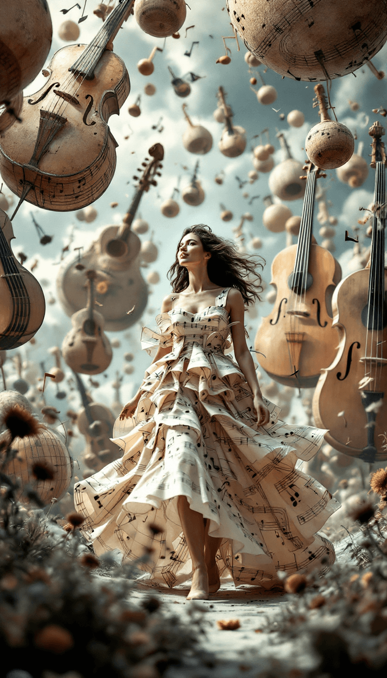 AI generated: 26. A whimsical, full-body scene of a woman walking through a landscape made of giant, floating musi...