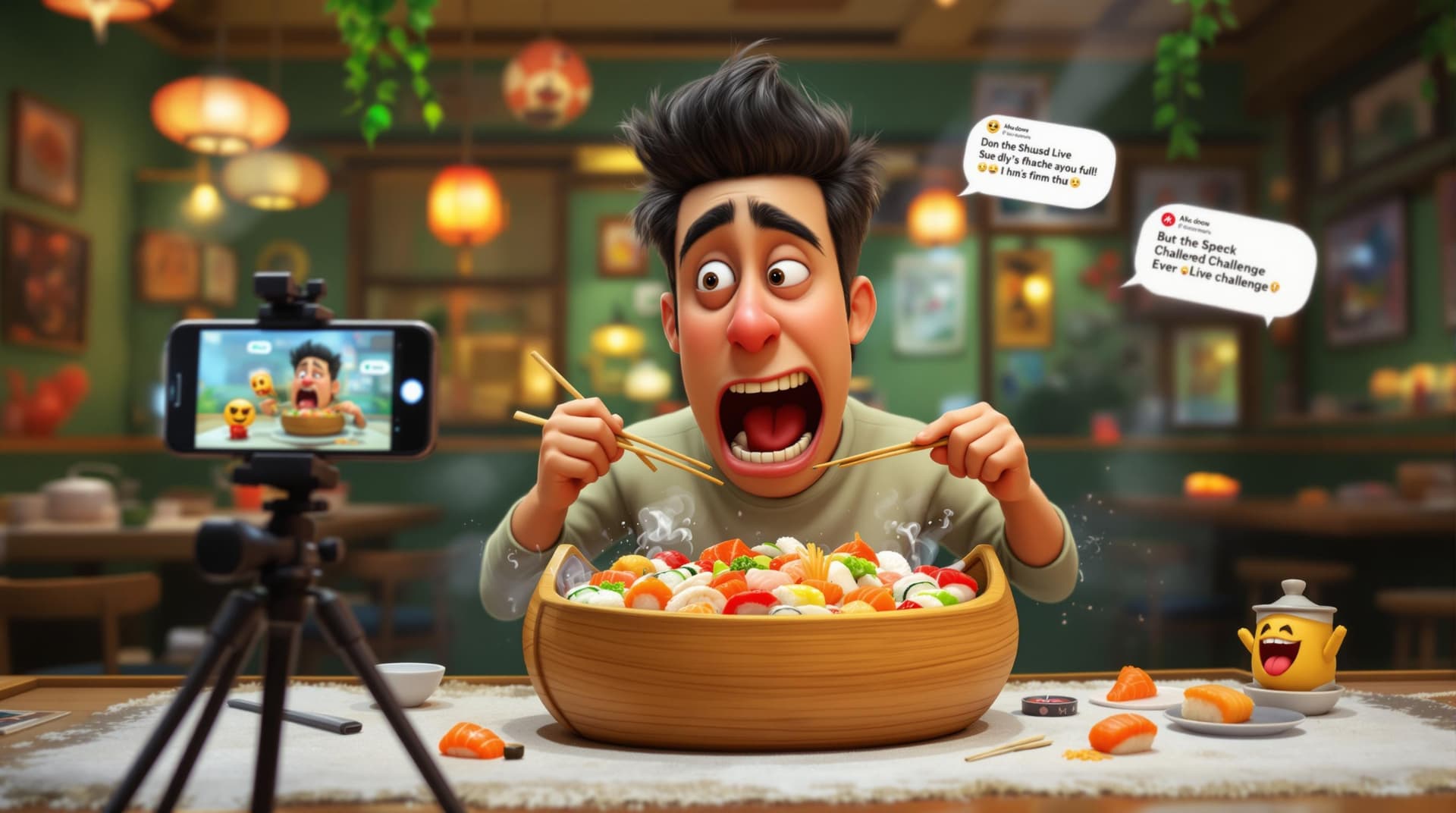 AI generated: A young man with exaggerated, expressive Pixar-style features, devouring sushi rolls at high speed f...