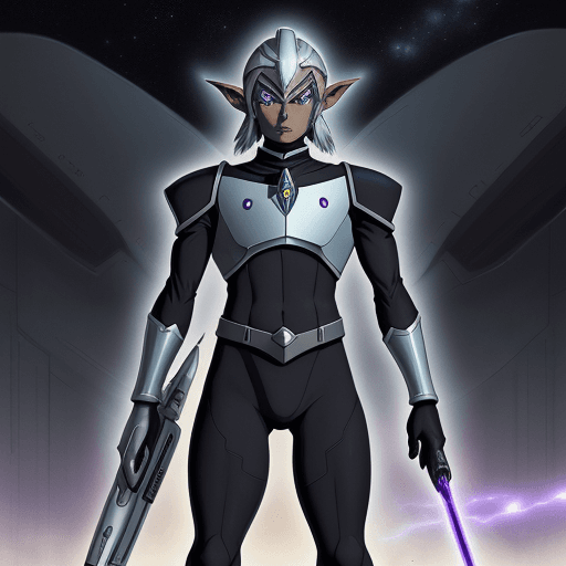 AI generated: Studio ghibli art. Anime art. An drow elf soldier in scifi simple black and silver uniform. He wears...