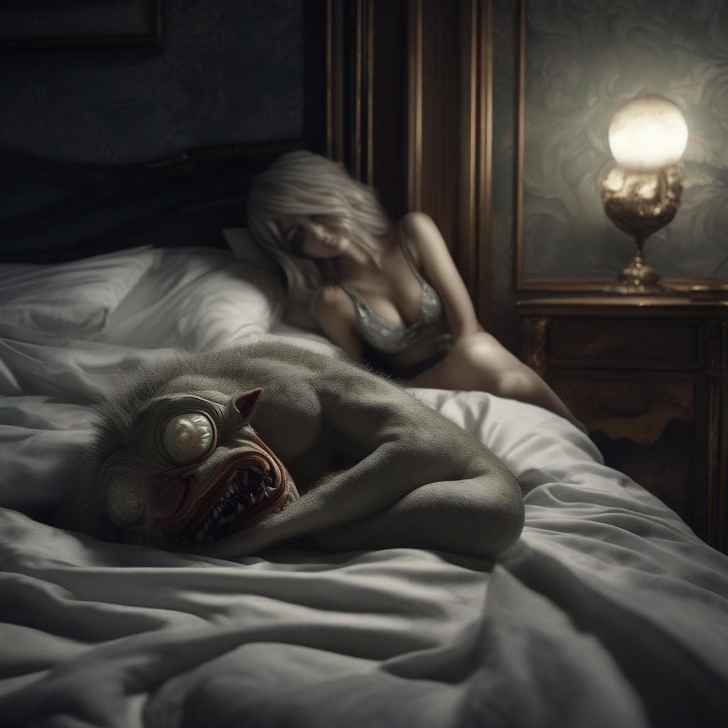 AI generated: a seductive monster in your bed at night, in the style of Henri Fuseli, quirky characters, playful c...
