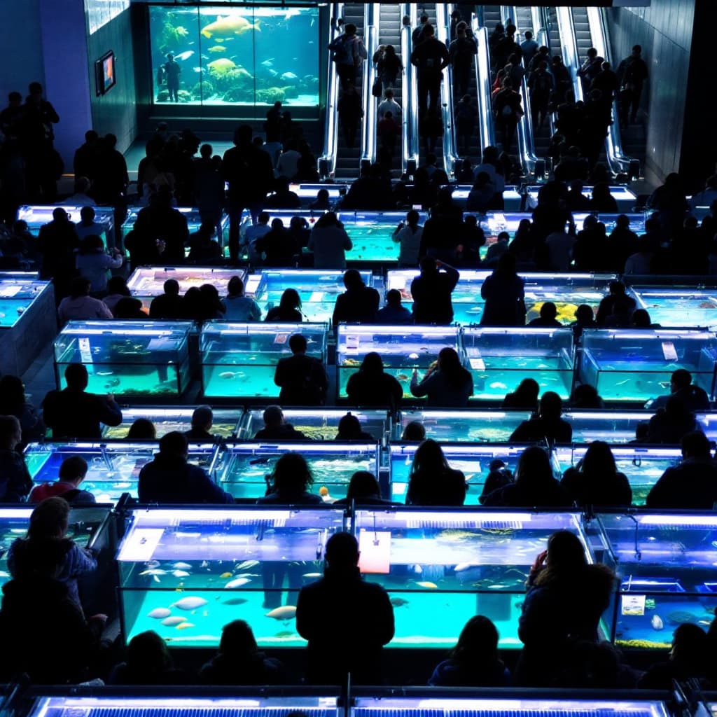 AI generated: Lots of small aquariums, lots of people wearing long sleeves, looking at the fish in the aquariums. ...