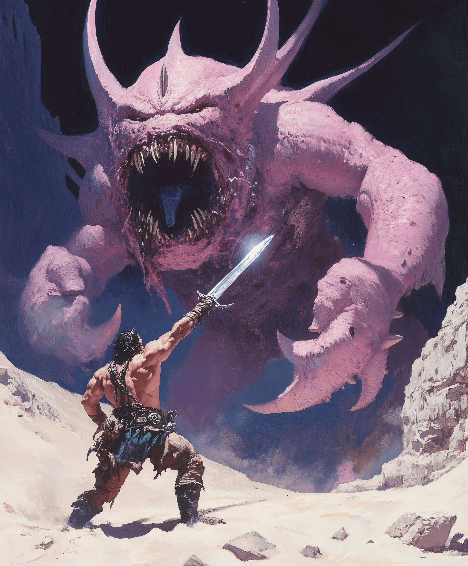 AI generated: A muscular man with large muscles is holding up his sword to the head of an enormous pink alien mons...