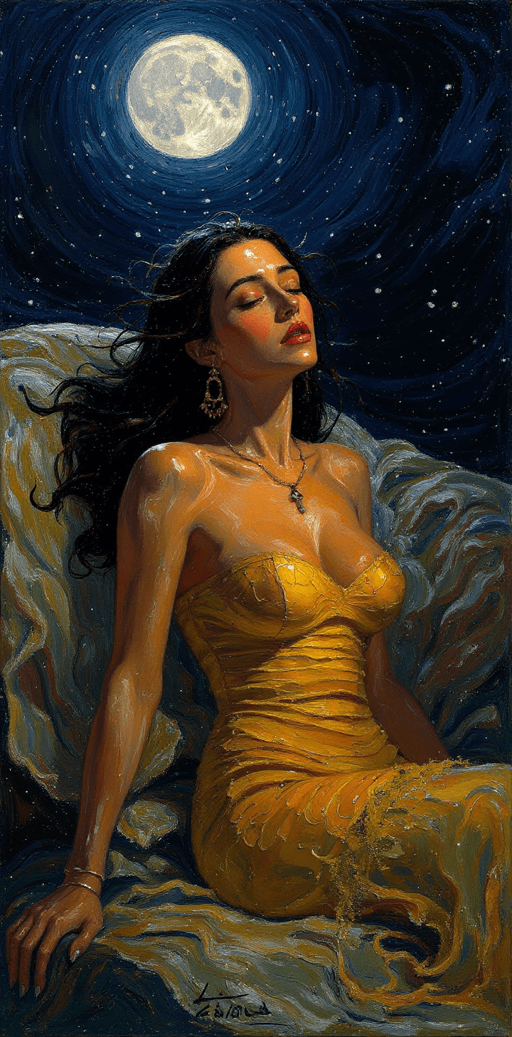 AI generated: a painting of a woman wake up at night having nightmares , in the style of beautiful women, playfull...