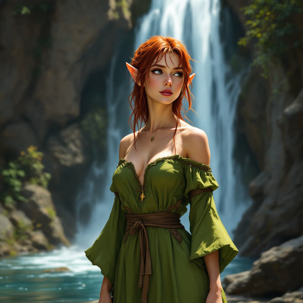 AI generated: Mature Female elf, short pointed ears, long red hair, green peasant style dress with bare shoulders,...