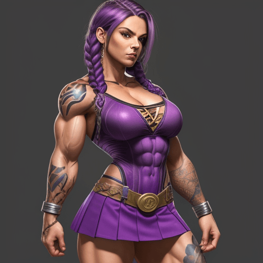 AI generated: muscular woman, tattoos, purple braided hair, superhero outfit, short skirt, cleavage