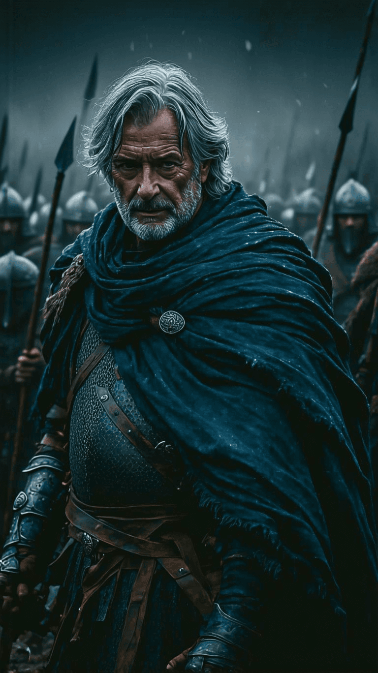 AI generated: A legendary warrior stands defiant against the tide of time and battle, his silver-streaked hair flo...