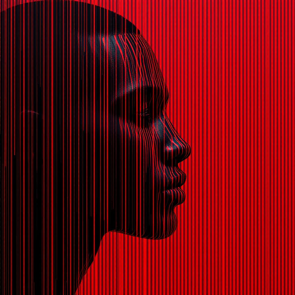 AI generated: modern art, man model face side with minimalist overlay of stripes graphic design, flat, focus on th...