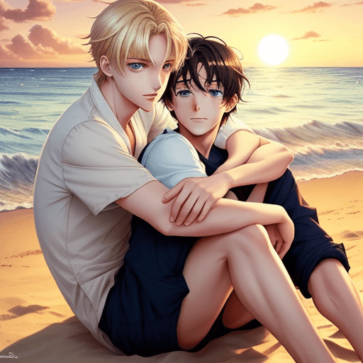 AI generated: anime, sitting on the beach, two men, boys love, watching sunset in the seaside, couple, Storybook i...