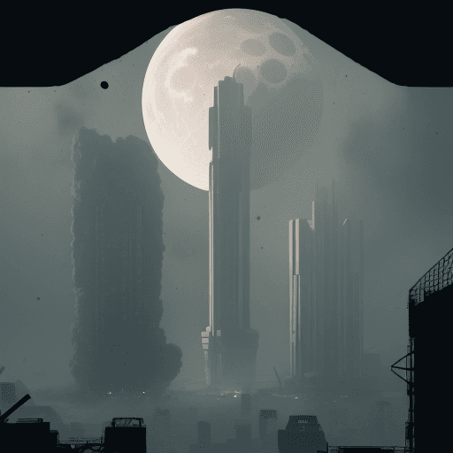 AI generated: A retail store on the moon with high rise buildings in the background and riot, foggy atmosphere, ad...