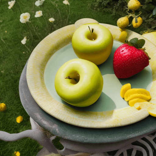 AI generated: A green and gold apple sliced in half,  three  peeled yellow bananas,strawberry with custard vanilla...