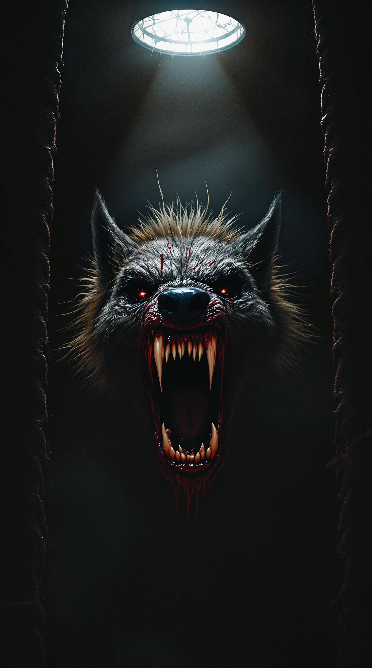 AI generated: A savage, mutated hyena with bloodstained teeth, growling in a pitch-black solitary confinement cell...