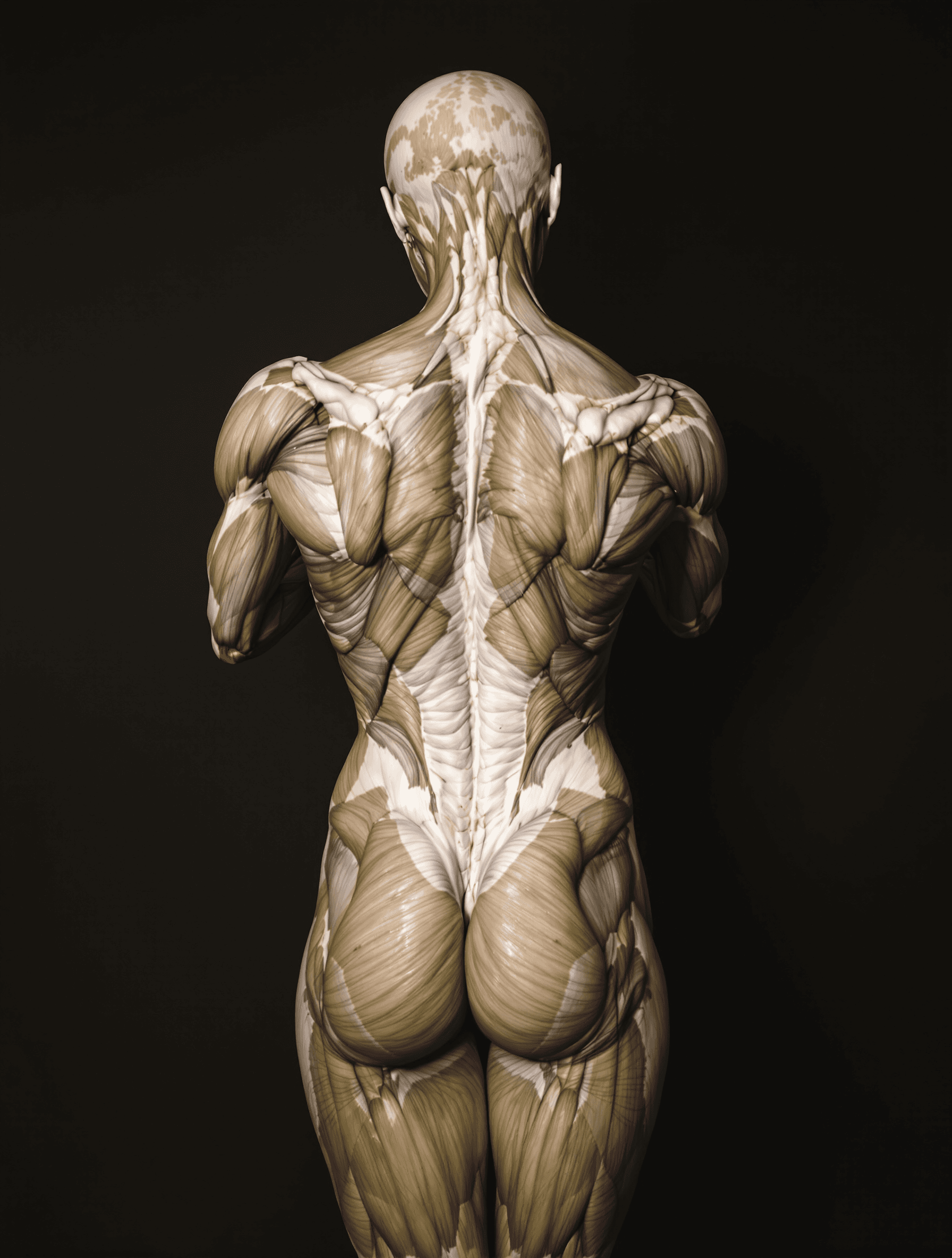 AI generated: Anatomical study of the female form from behind, showcasing the detailed musculature of the trapeziu...