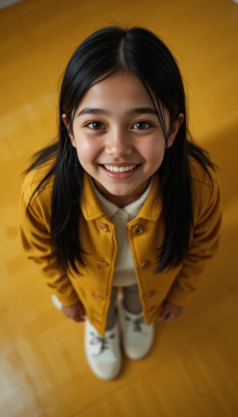 AI generated: 8K modern portrait, (mixed-race girl, age 8:1.4), (top-down, extremely high angle view:1.7), (head a...