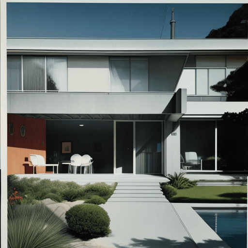 AI generated: Hyper realistic eye level exterior photo of a mid century modern style house overlooking the ocean, ...