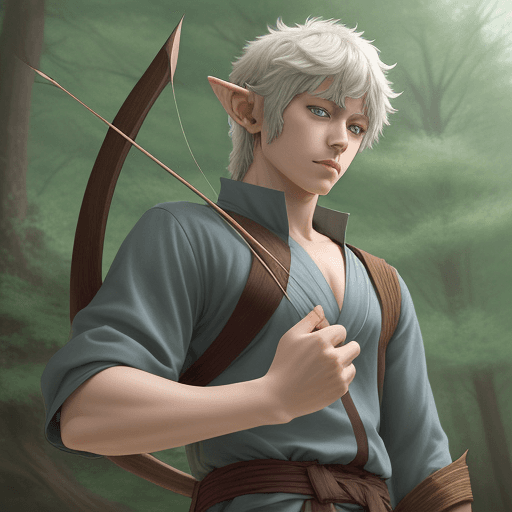 AI generated: Realistic anime like art of young adult elf, with human sized although pointed ears, holding a bow i...