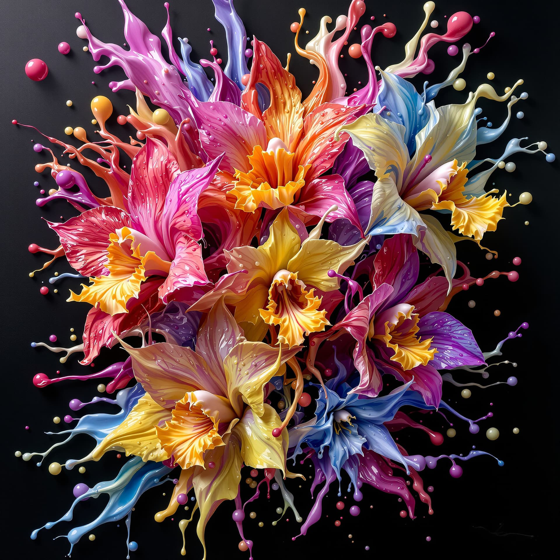 AI generated: 3d orchids flowers made of fluids liquid paint vivid and multicolored wet look joined to form an art...