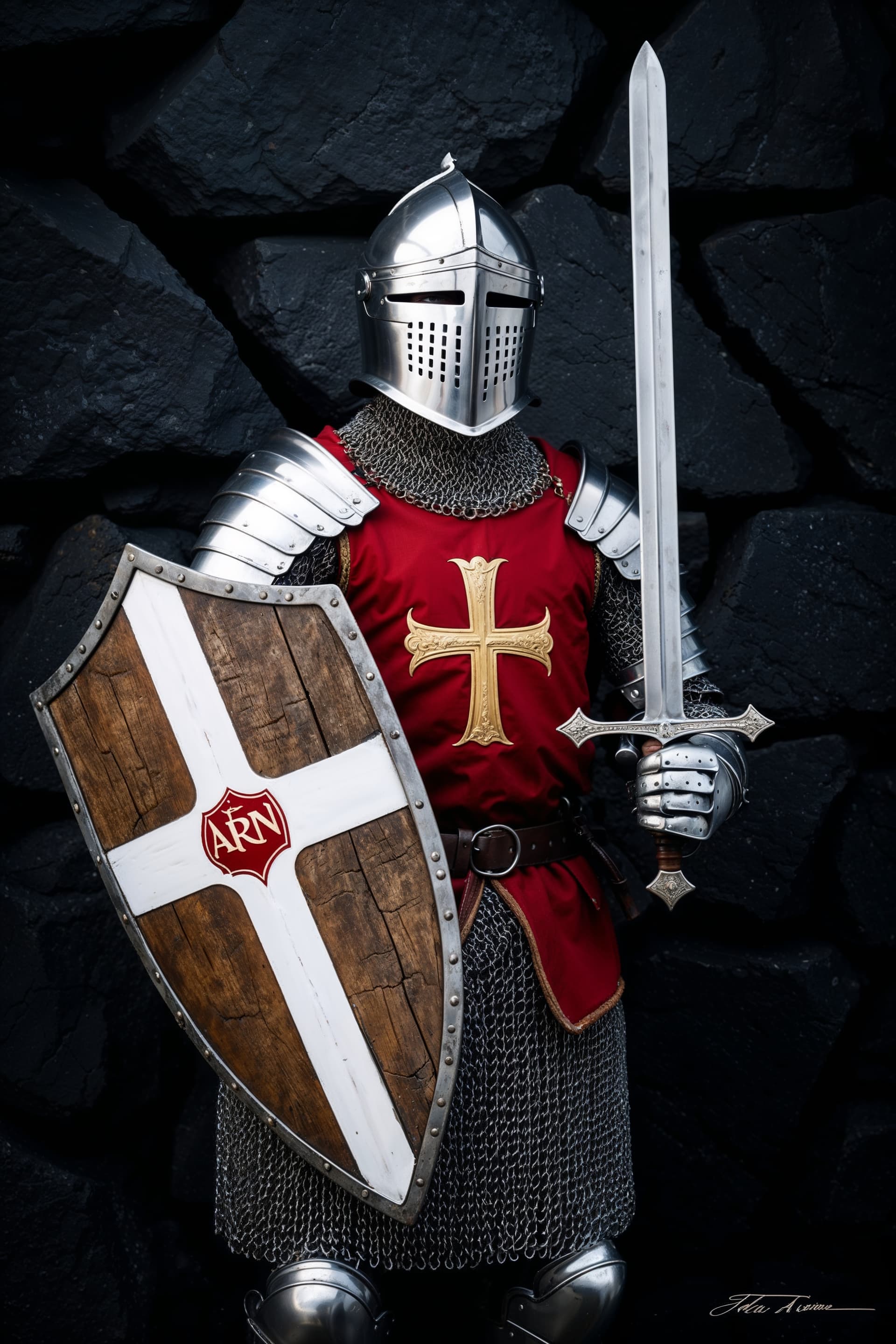 AI generated: a dramatic, high-contrast, medieval-themed portrait photograph featuring a powerful knight in full, ...