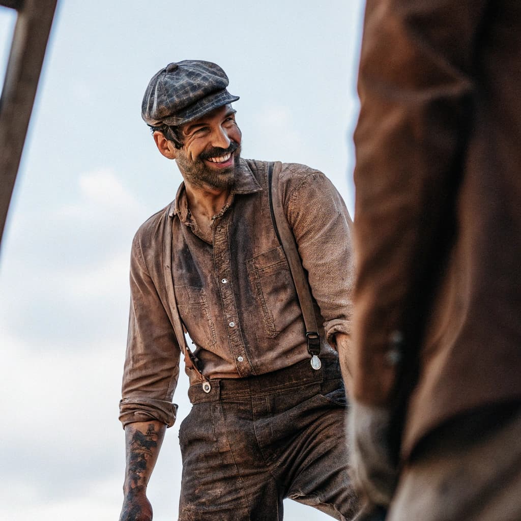 AI generated: gorgeous man dressed as miner, dirty skin, dirty clothes, smile, attractive, flirting, (((full body ...