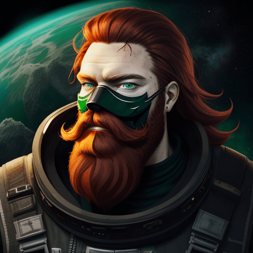 AI generated:  high quality foto of a big happy man, long dark red beard, dark looking white eyes, in space, cyper...