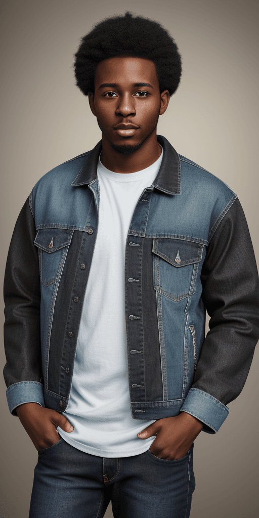 AI generated: Very realistic photograph of a black man, age 25, looking at the camera, blue jacket with green slee...