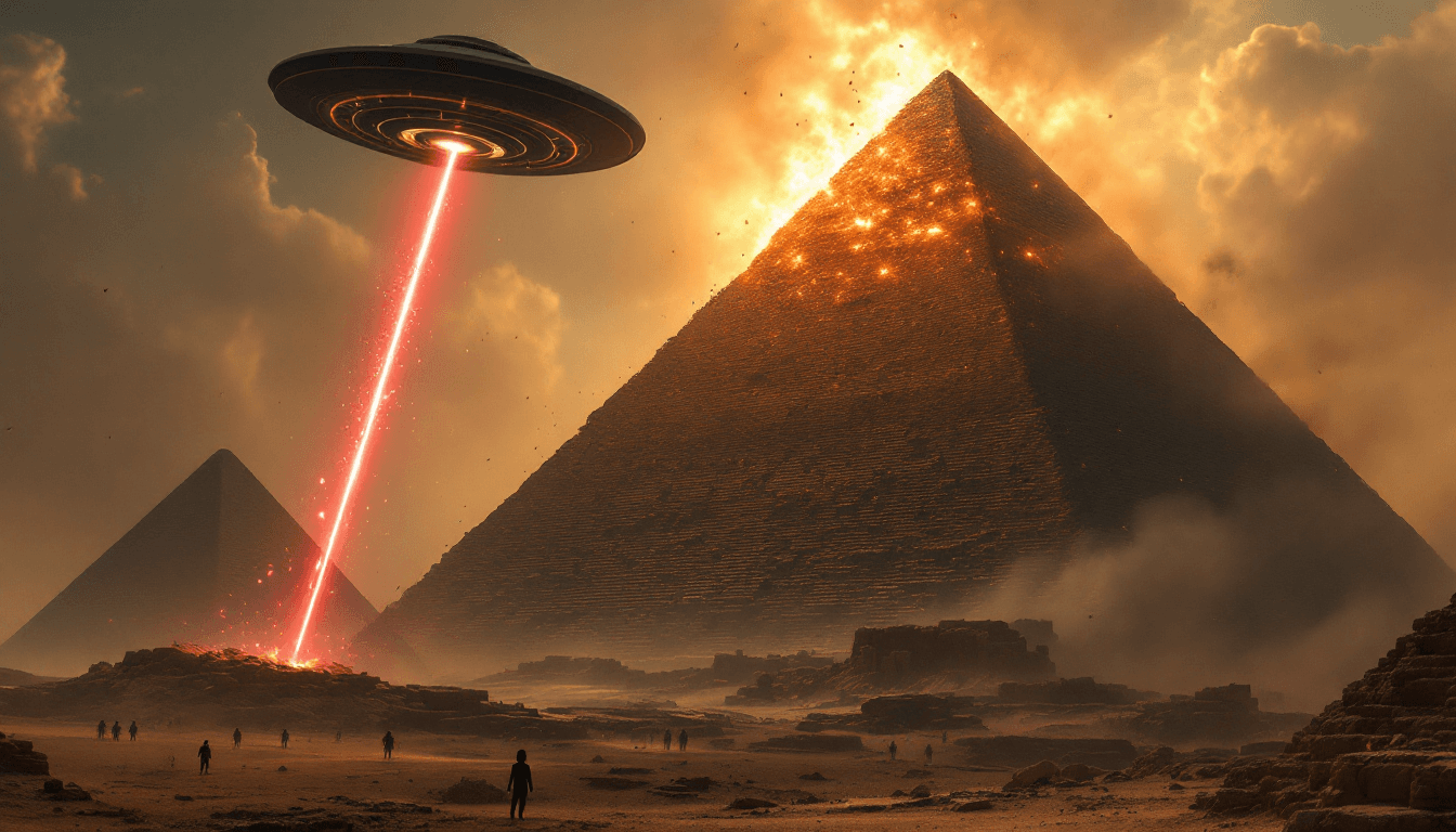 AI generated: An (8K) (photorealistic) (masterpiece) image of a thin black UFO covering above the great Pyramids o...