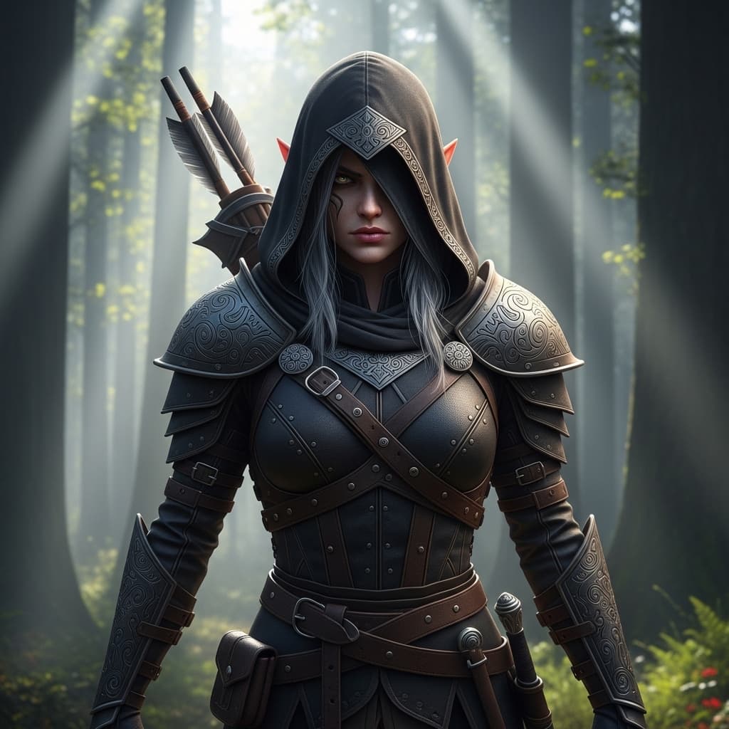 AI generated: "A fierce and mysterious Elfe warrior girl standing in an enchanted forest, wearing dark, intricatel...
