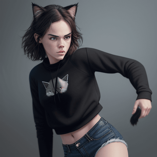 AI generated: Beautiful cat girl. Cat ears. Cat tail. Beautiful Daisy Ridley. Beautiful eyes. Slender body. Black ...