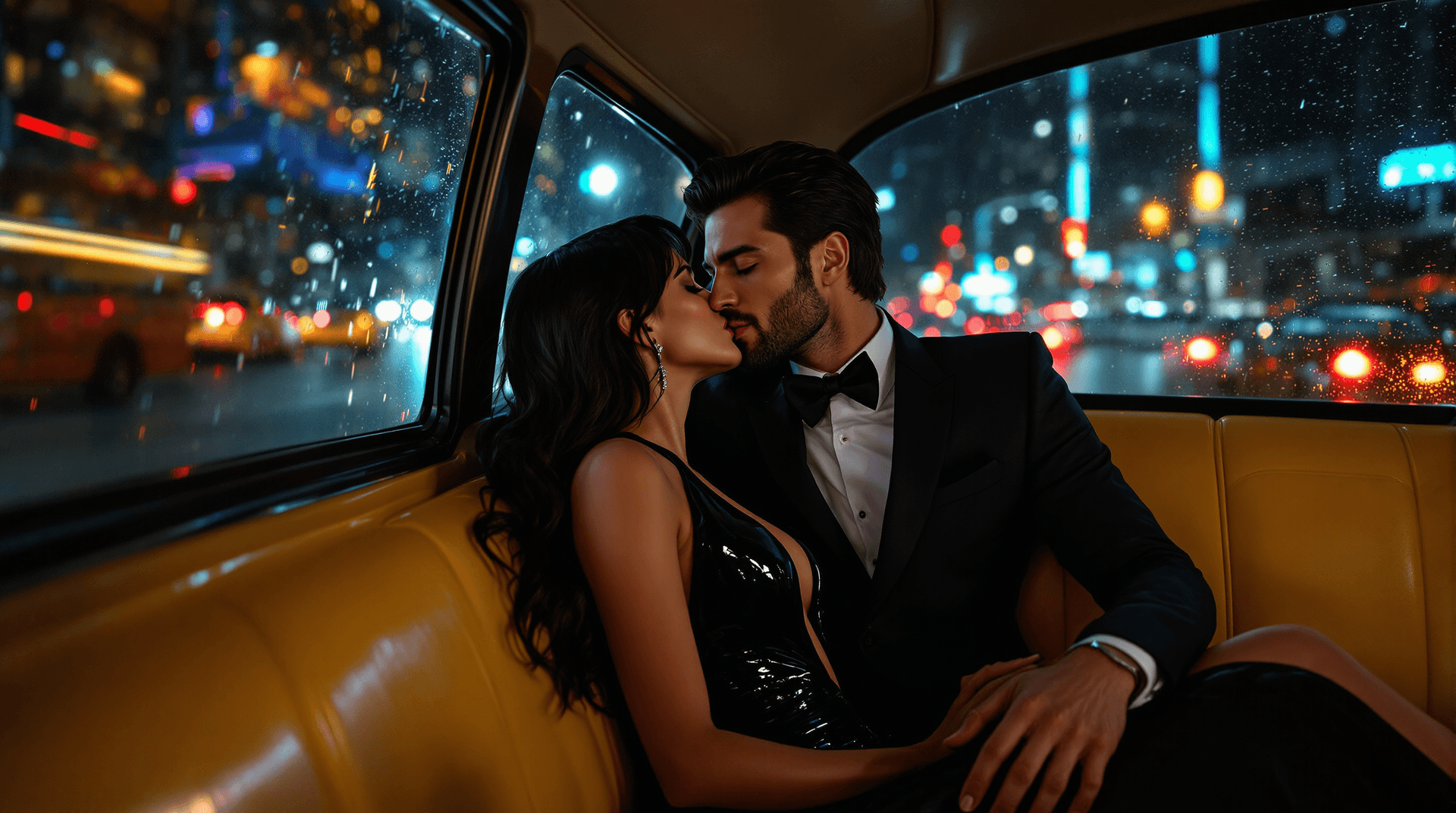 AI generated: right side angle photo of Interior of a yellow cab at night. A Caucasian couple (Lilith and Jon) in ...