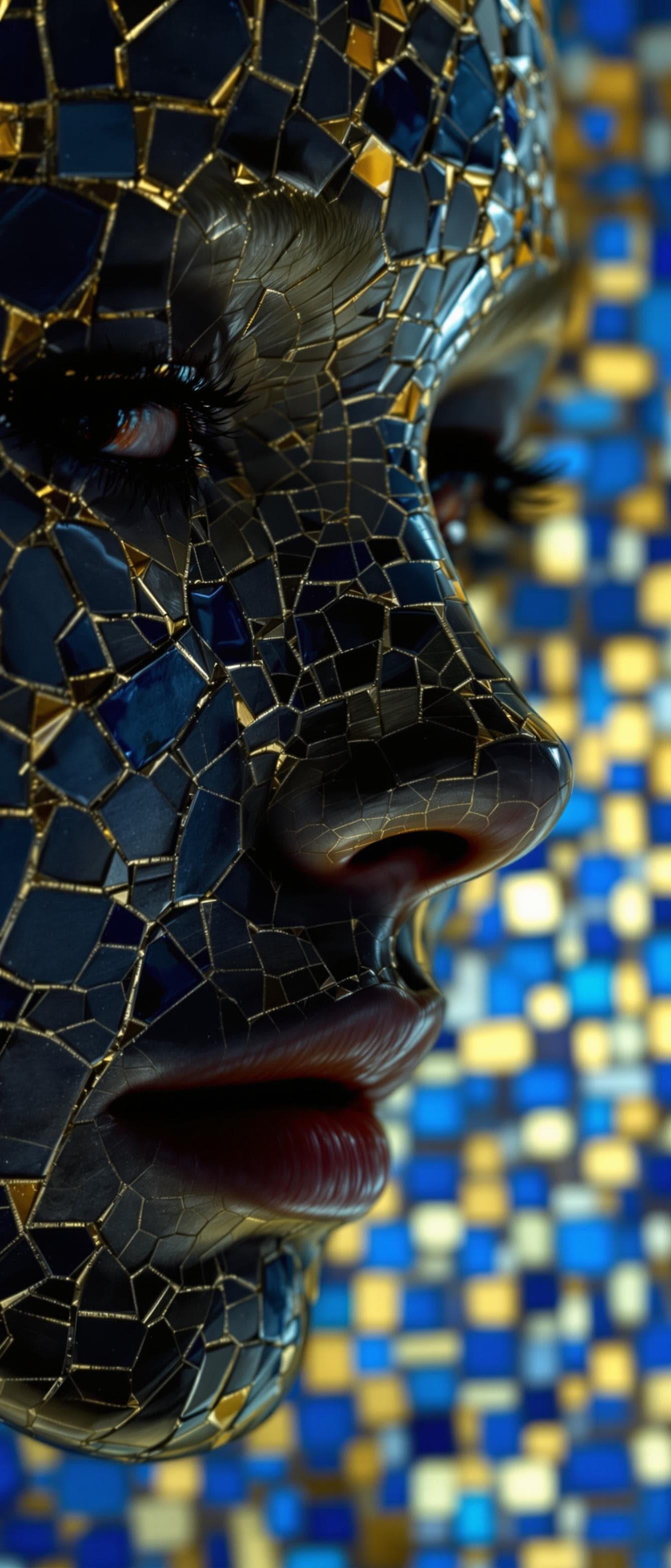 AI generated: The image features a close-up of a person's face with a cracked, almost ceramic-like texture. The ba...