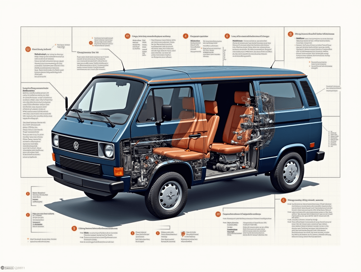 AI generated: a 1988 Volkswagen T3 Syncro in navy blue, syncro 4WD logo in dark orange trim, schematic showcasing ...