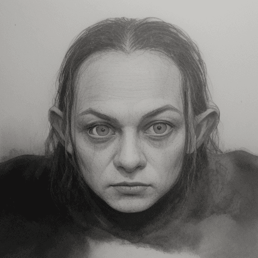 AI generated: wet ink picture sad Gollum,Lord of the Rings,hiper impressive blue eyes,portrait,shadows,shape,melte...