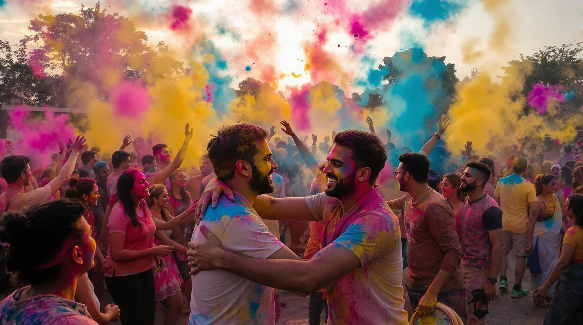 AI generated: ➡️ An epic Holi scene with people of all ages throwing colors at each other, laughing and hugging, d...