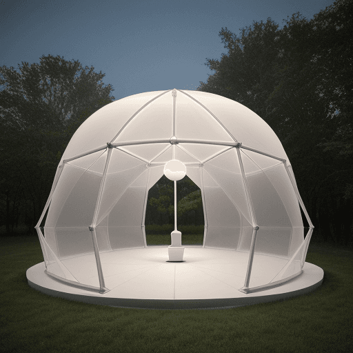AI generated: "Behold a marvel of design—an egg-shaped tent structure that emanates a soft glow. Crafted from alum...