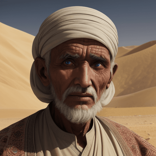 AI generated: old muslim man in the desert during holy month of Ramadan, realistic cinematic photography with high...