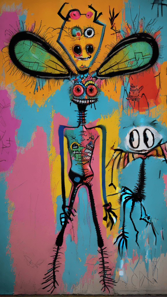 AI generated: graffitied on the wall invision my imaginary friend a Absurd Embroidery bird head spider legs red or...