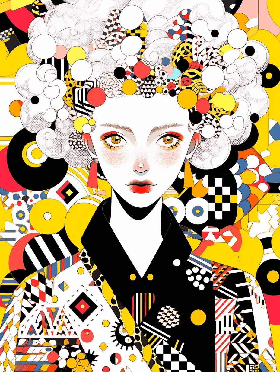 AI generated: a gorgerous girl with delicate features, pale white skin, in a fashion suit and colorful fun intrica...