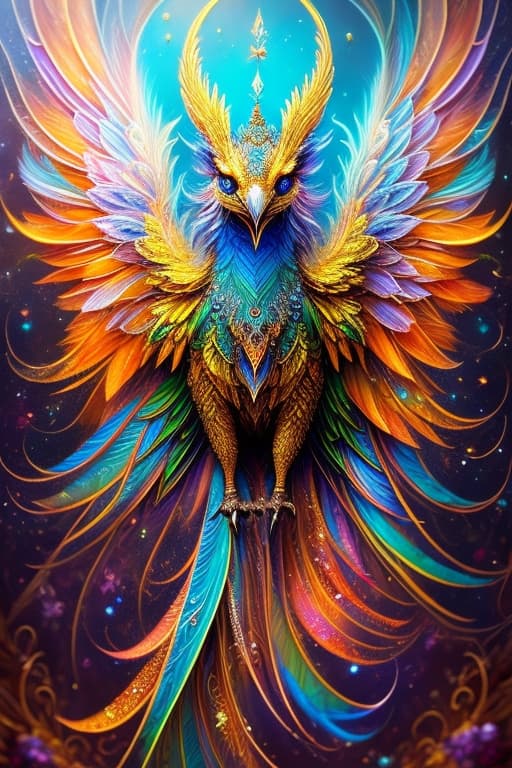 AI generated: Oil painting. 3d ,hyperdetailed and intricated fantasy fire fenix bird, hoarfrost plumage, hyperdeta...