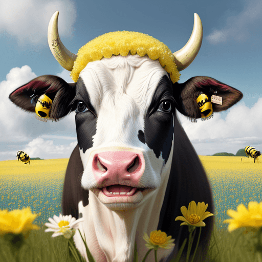 AI generated: A happy cow in a field, wearing a cute and fluffy bumble bee costume, in the style of illusory wallp...