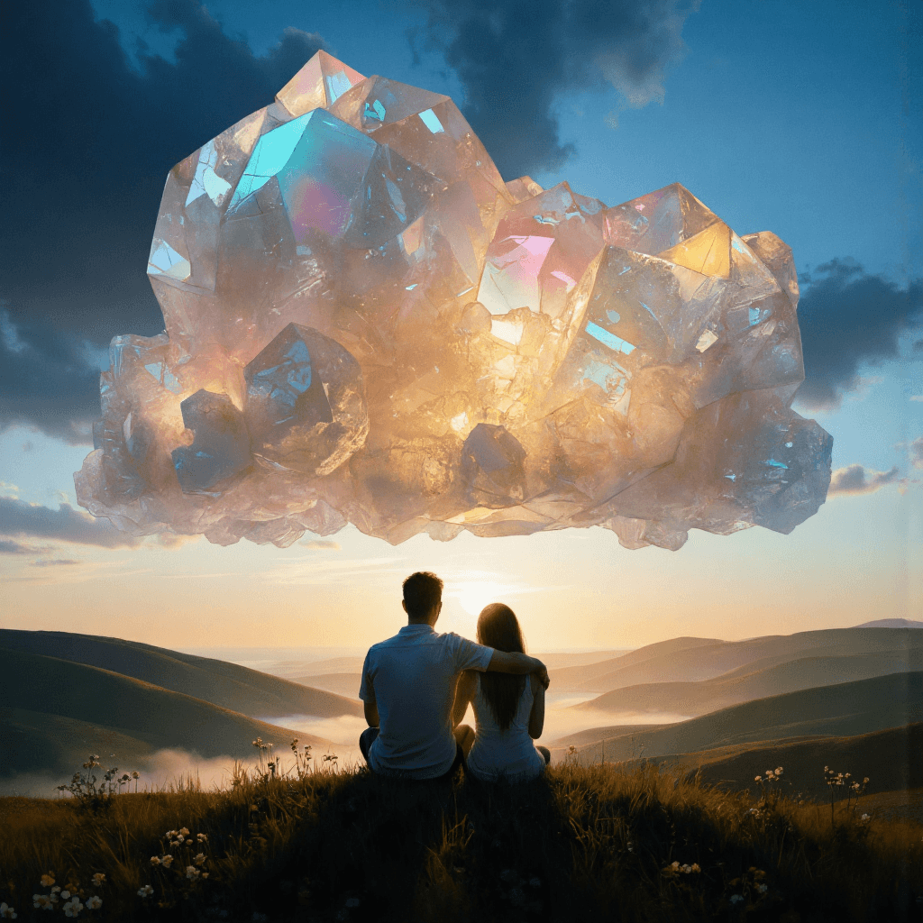 AI generated: A surreal landscape at dusk, with massive clouds made entirely of transparent, crystalline glass flo...