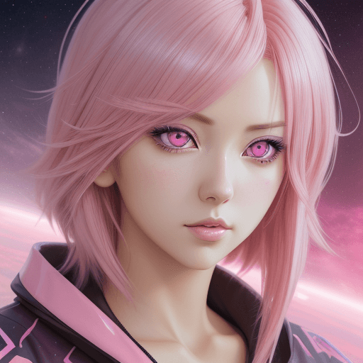 AI generated: anime style, Handsome woman with pink medium length hair, pink galaxy in her eyes, revealing her big...