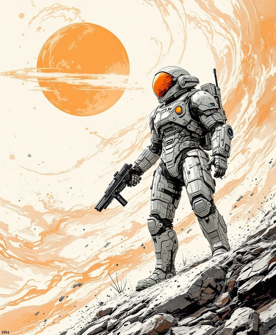 AI generated: scifi artwork by roblunda mccallum, in the style of blink-and-you-miss-it detail, full body, dark wh...