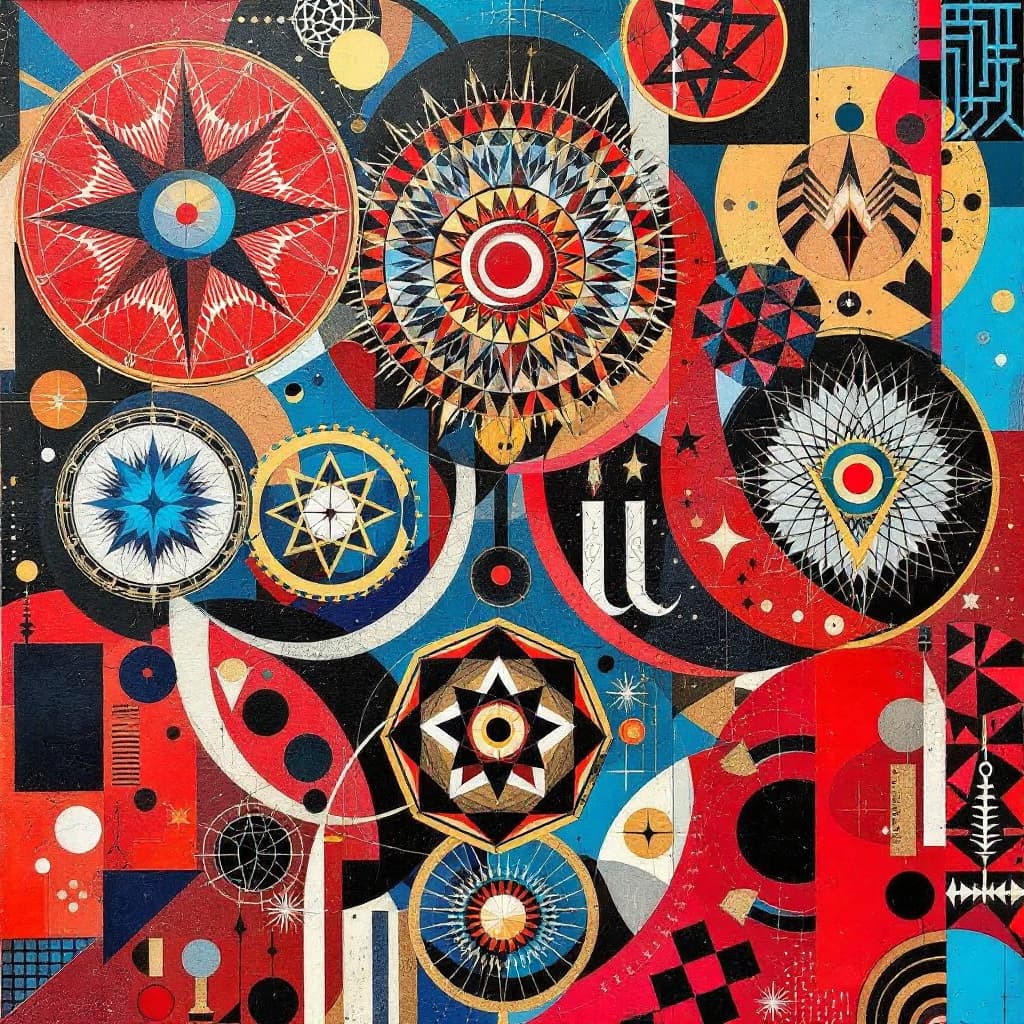 AI generated: A collage art piece with a focus on the intricate patterns and symbols. The design is complex and my...