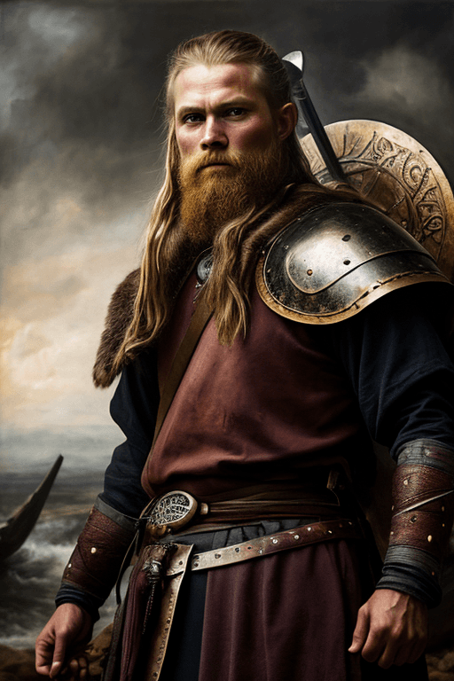 AI generated: close up oil painting of a Viking warrior returned from war, epic composition