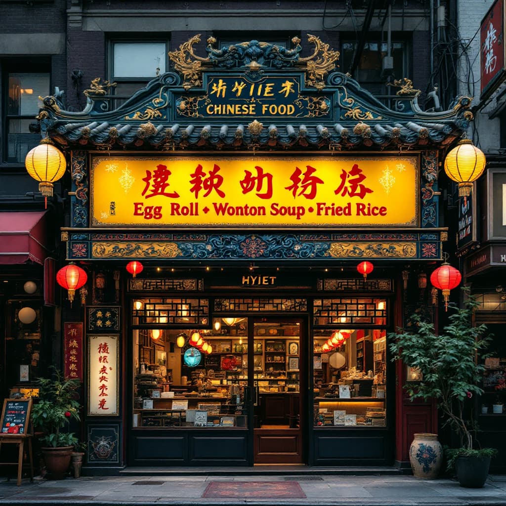 AI generated: The front of a Chinese food restaurant with a sign that says "Hyiet Chinese Food" "Egg Roll Wonton S...