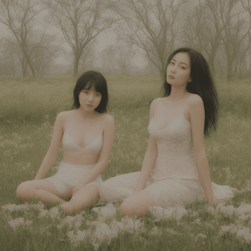 AI generated: Two beautiful alluring Japanese women, with large chest, sit in a serene field of lilies, kissing, h...