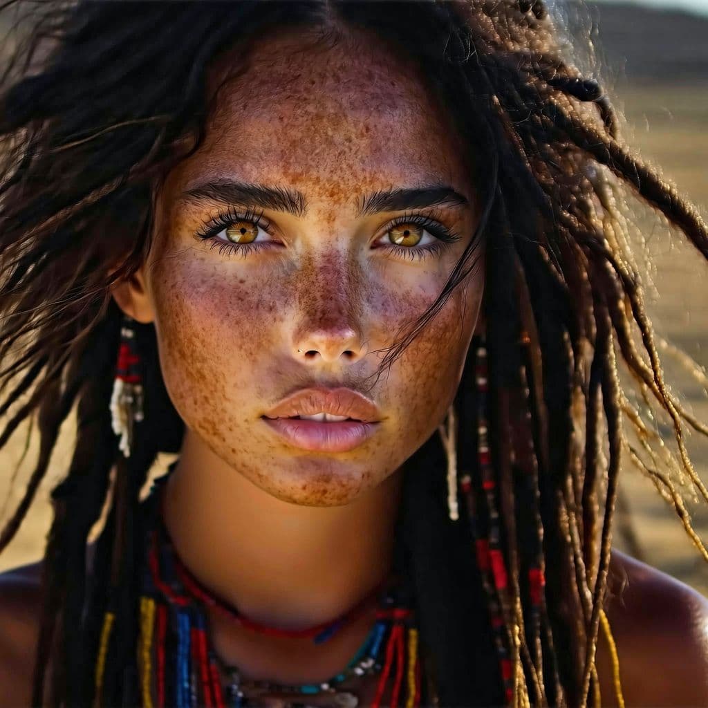 AI generated: A captivating, untamed gypsy girl stares boldly into the viewer's soul, her sun-kissed skin and wild...