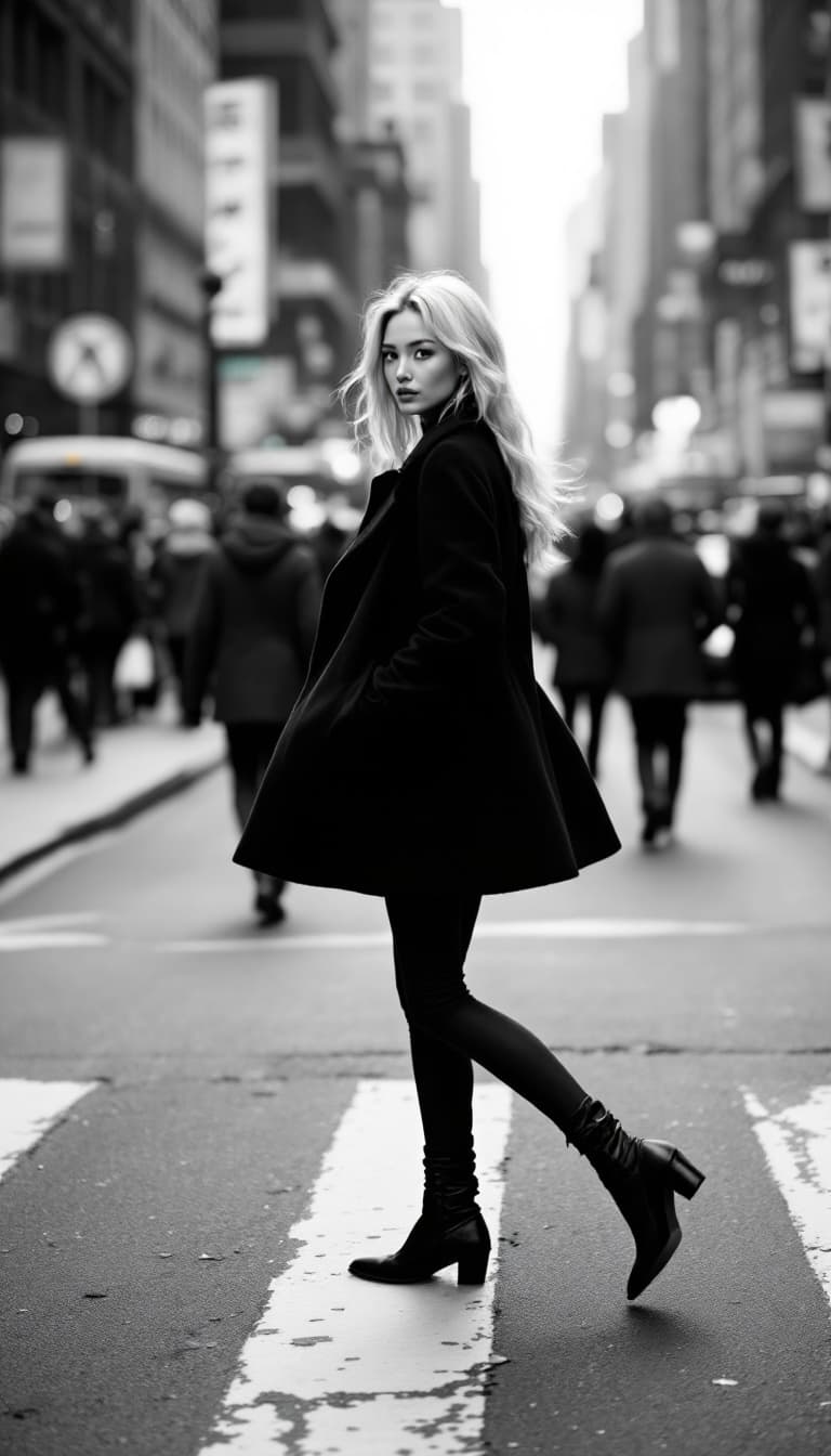 AI generated: Black and white street photography of a Asian supermodel, blonde hair and is wearing a black coat, c...
