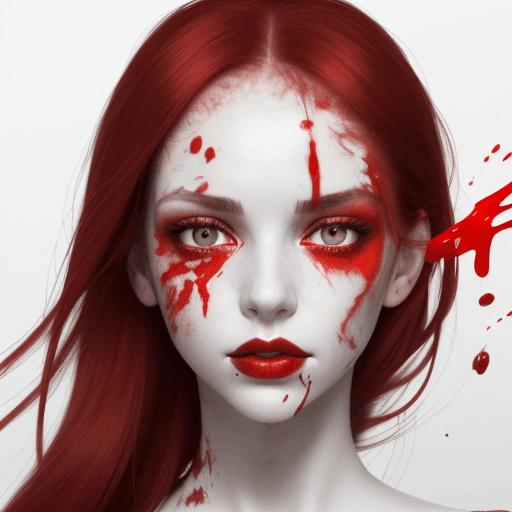 AI generated: A close-up of a woman's face, predominantly in white and red hues. Her eyes are accentuated with bol...